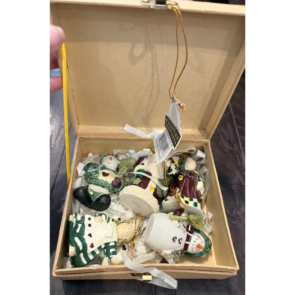 Holiday Treasures Ornament Set Snowman Angel Rustic Resin 5pc With Box Folk Art